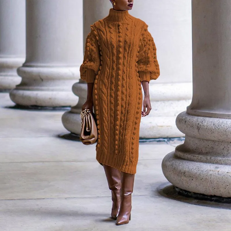 High Collar Slit knit Midi Dresses