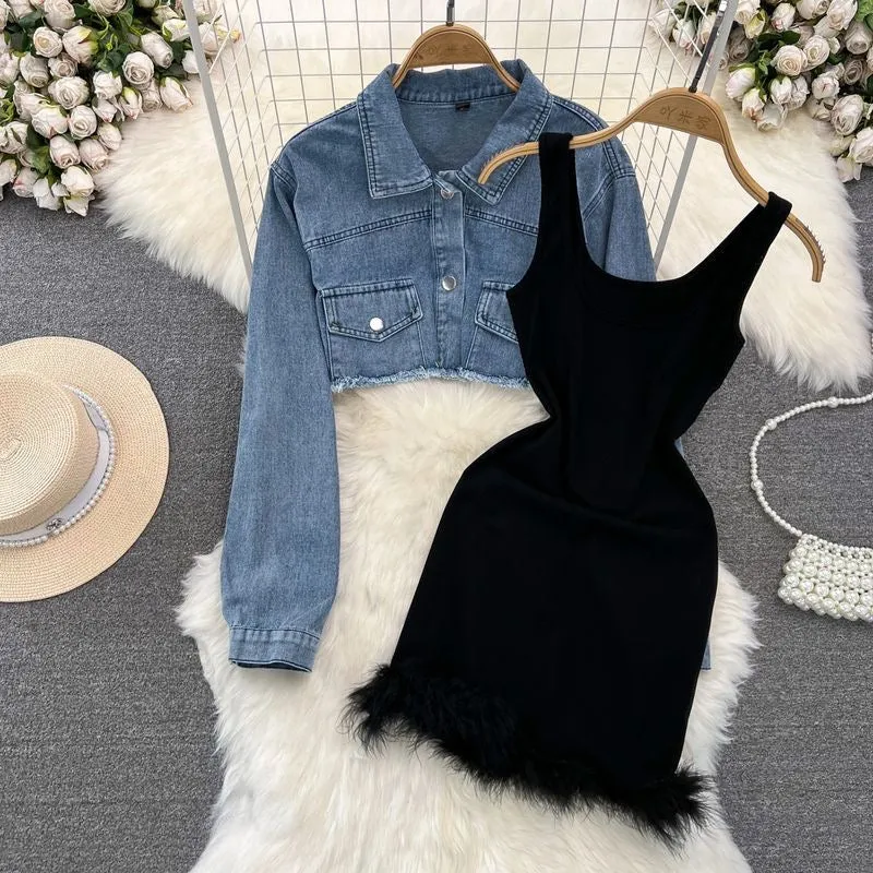 High-Waist Cropped Jacket and Dress Set for Women – Waist-Cinching Denim Outerwear with Slimming Bodycon Skirt, Autumn Fashion