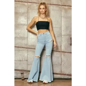 HIGH WAISTED FLARE W DISTRESS DETAIL