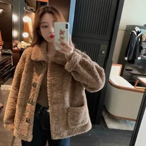 Korean Style Women’s Cropped Lamb Wool Jacket – Thickened Loose-Fit Fleece Outerwear