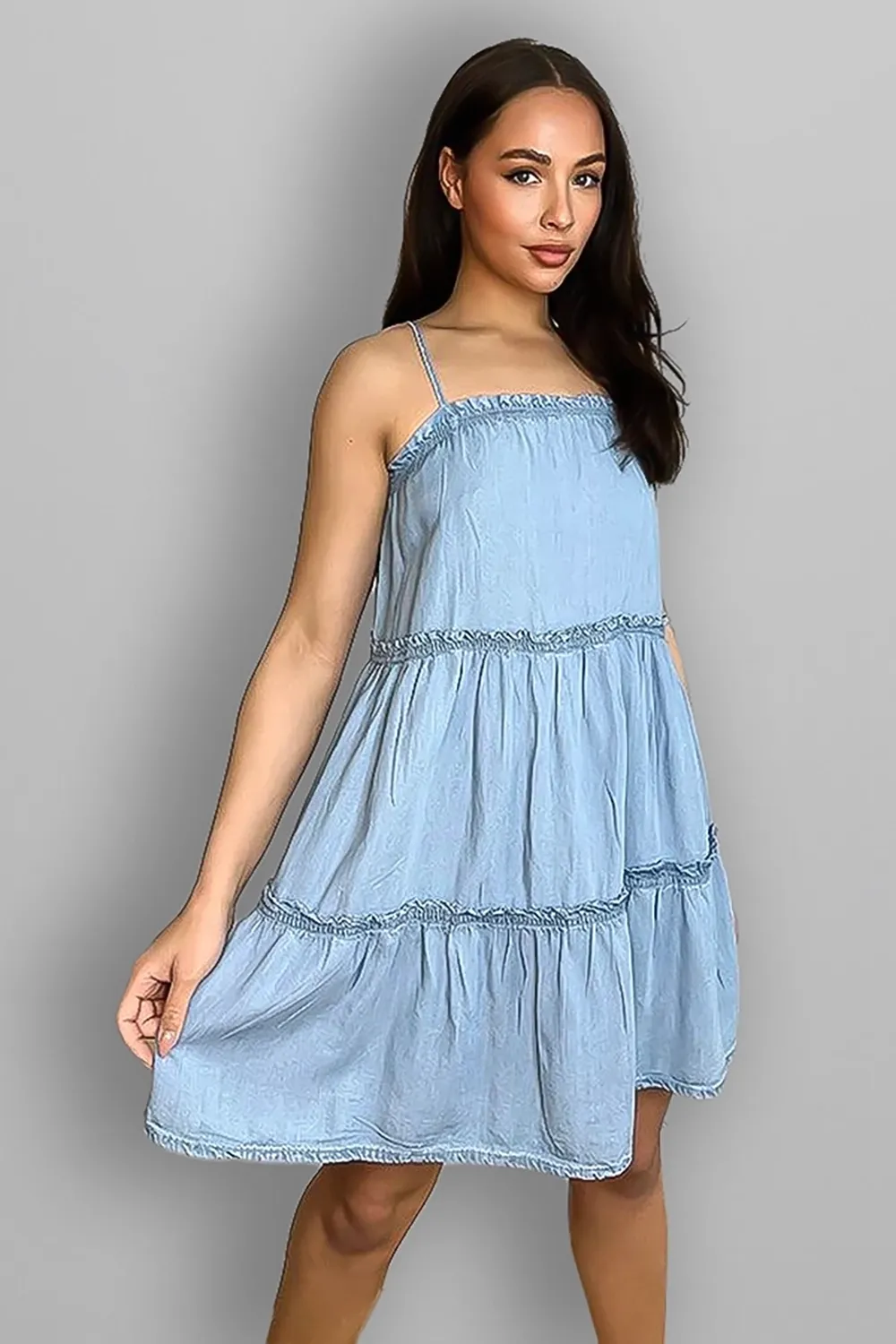Lightweight Strappy Tiered Denim Dress