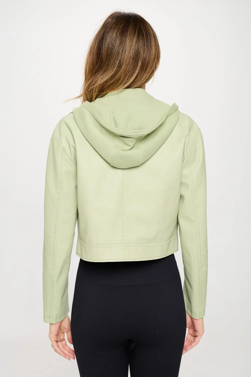 Line Green Vegan Leather Women's Jacket Cropped Hooded KESLEY