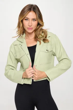 Line Green Vegan Leather Women's Jacket Cropped Hooded KESLEY
