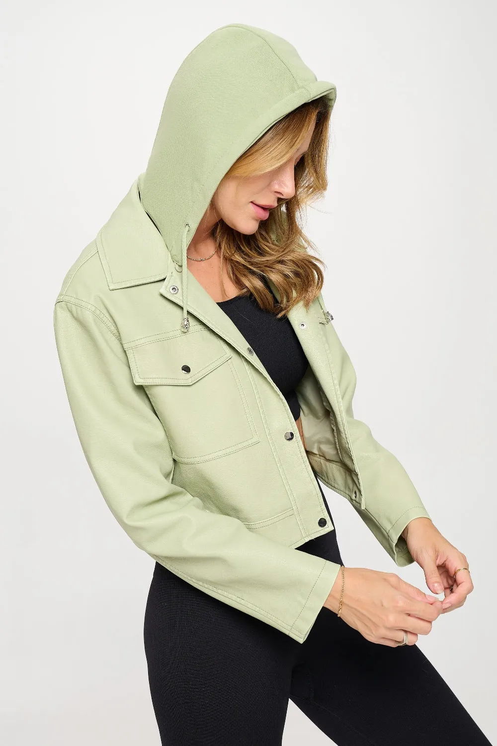 Line Green Vegan Leather Women's Jacket Cropped Hooded KESLEY