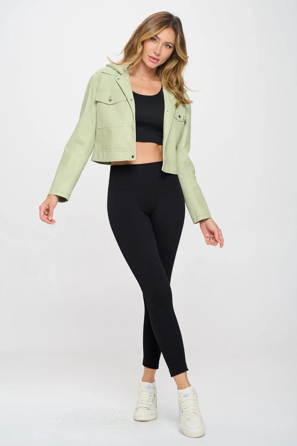 Line Green Vegan Leather Women's Jacket Cropped Hooded KESLEY