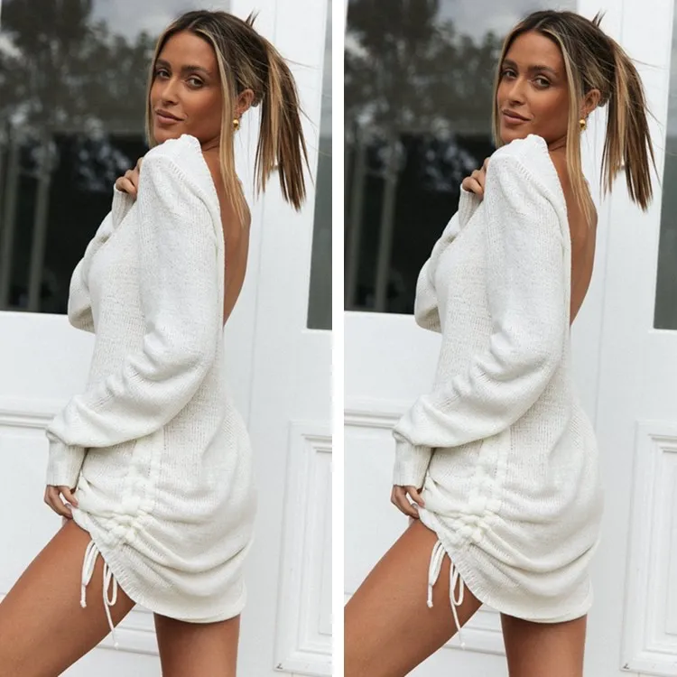 Long Sleeve Backless Drawstring Dress
