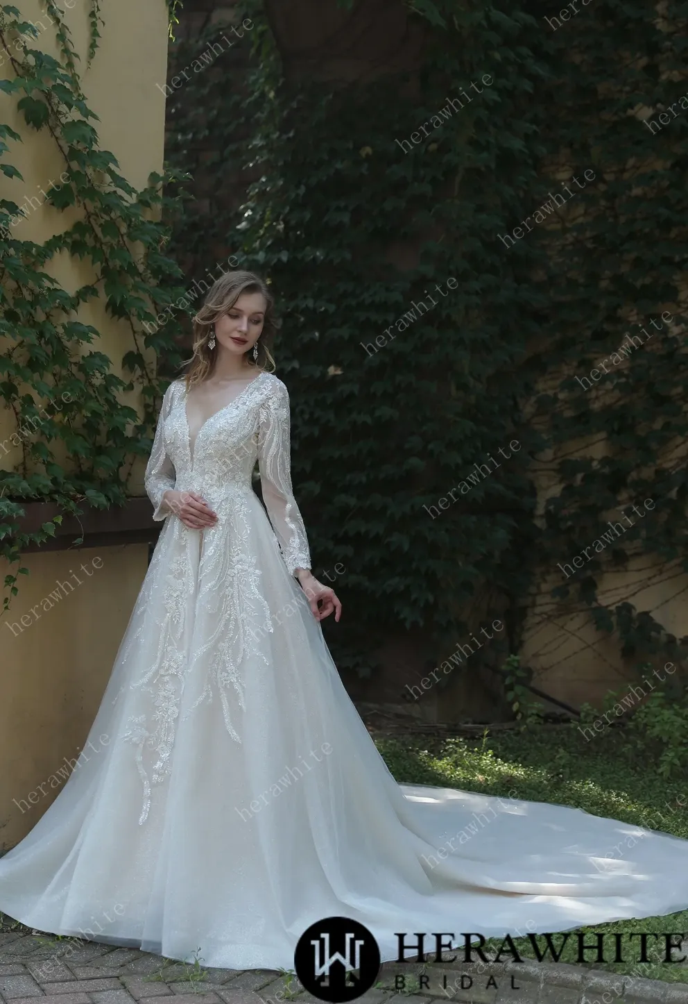 Long Sleeve Lace A-Line Gown with Plunging V-Neck