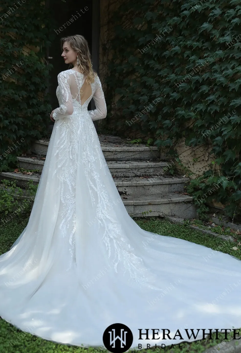 Long Sleeve Lace A-Line Gown with Plunging V-Neck