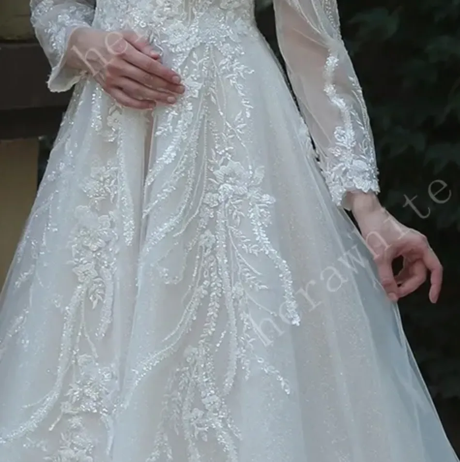 Long Sleeve Lace A-Line Gown with Plunging V-Neck