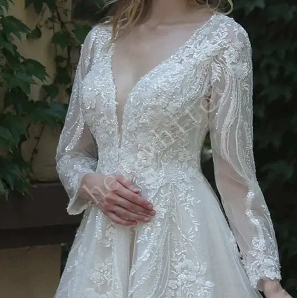 Long Sleeve Lace A-Line Gown with Plunging V-Neck