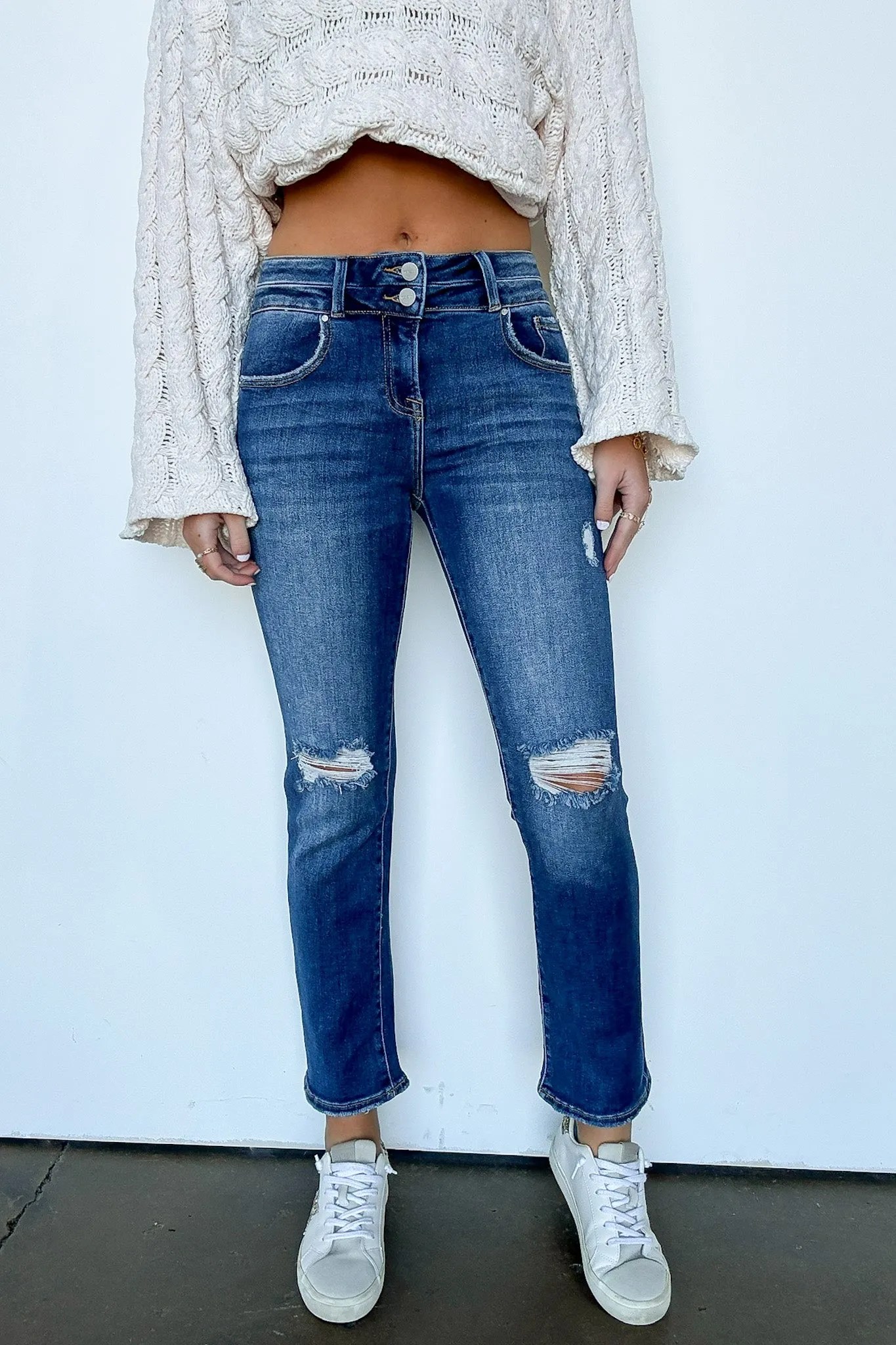 Marisse High Rise Distressed Slim Straight Jeans