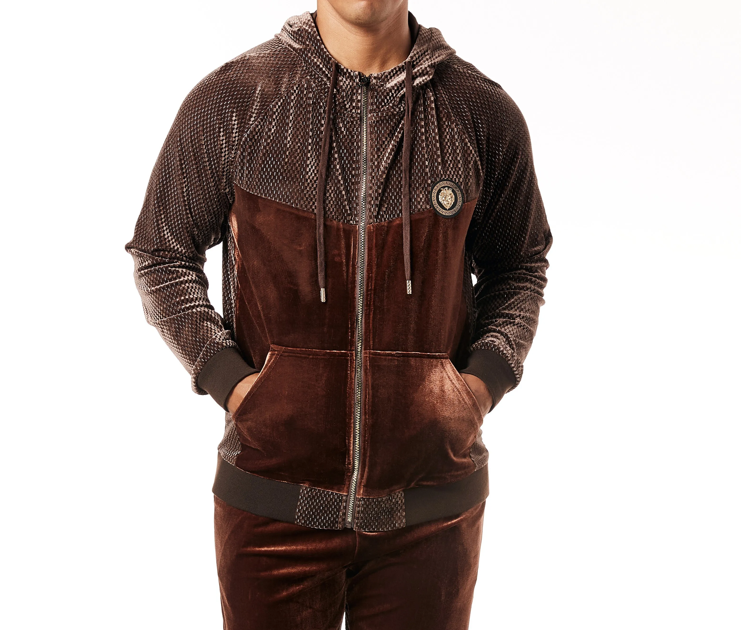 Mens Designer Stacy Adams Embossed Velvet Track Suit Slim Fit Rich Brown w/Hoody 2606