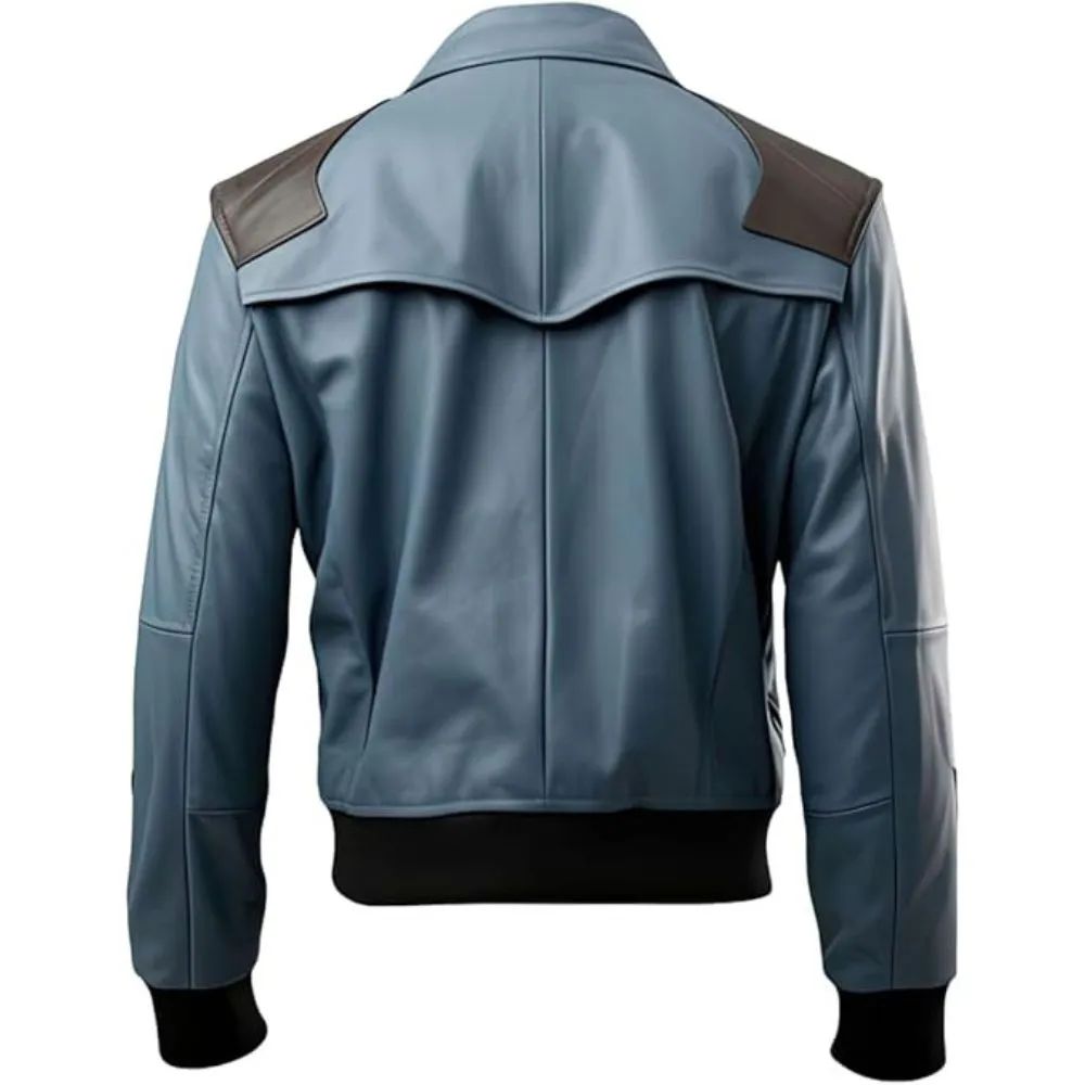 Men's Dusky Blue Flap-Pocket Premium Sheepskin Bomber Biker Leather Jacket