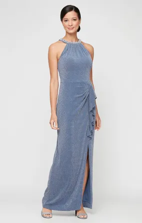 Metallic Knit Halter Dress with Embellished Neckline & Cascade Detail Skirt