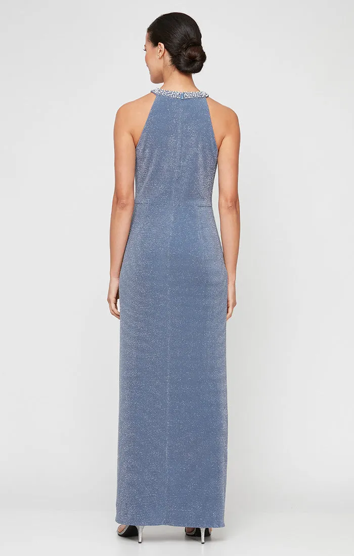 Metallic Knit Halter Dress with Embellished Neckline & Cascade Detail Skirt
