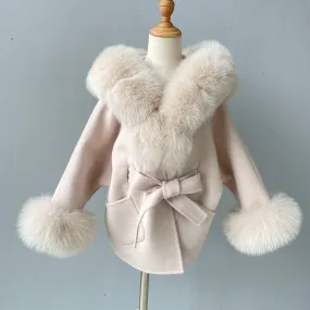 MI LOVES SIGNATURE Luxurious Anna cashmere kids coat with Fox fur trim and cuffs in Beautiful Cappuccino colour.