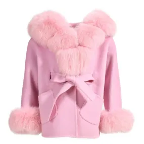 MI LOVES SIGNATURE Luxurious Anna cashmere kids coat with Fox fur trim and cuffs in Beautiful  Pink colour .