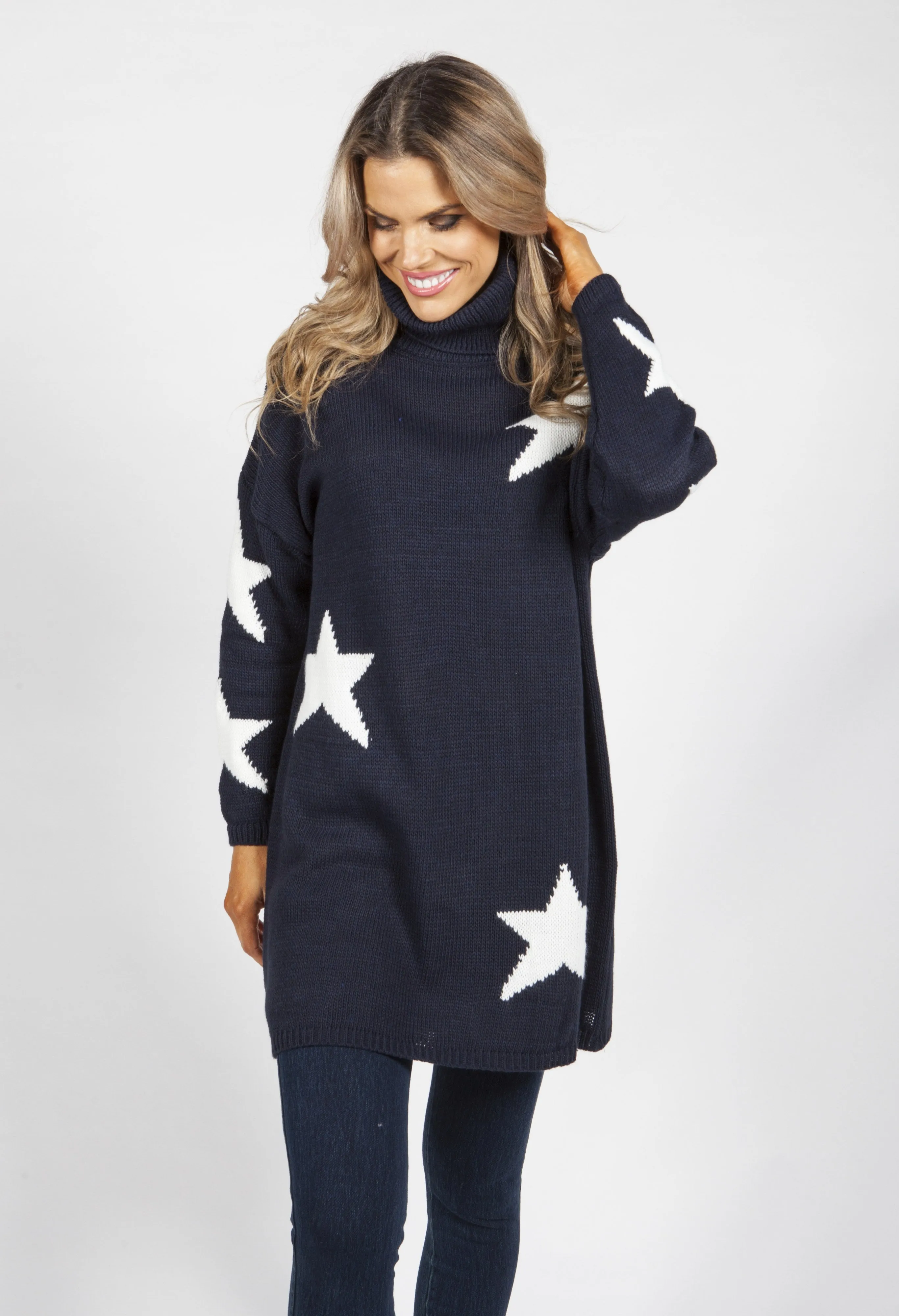 Navy Knit Tunic with White Star Design