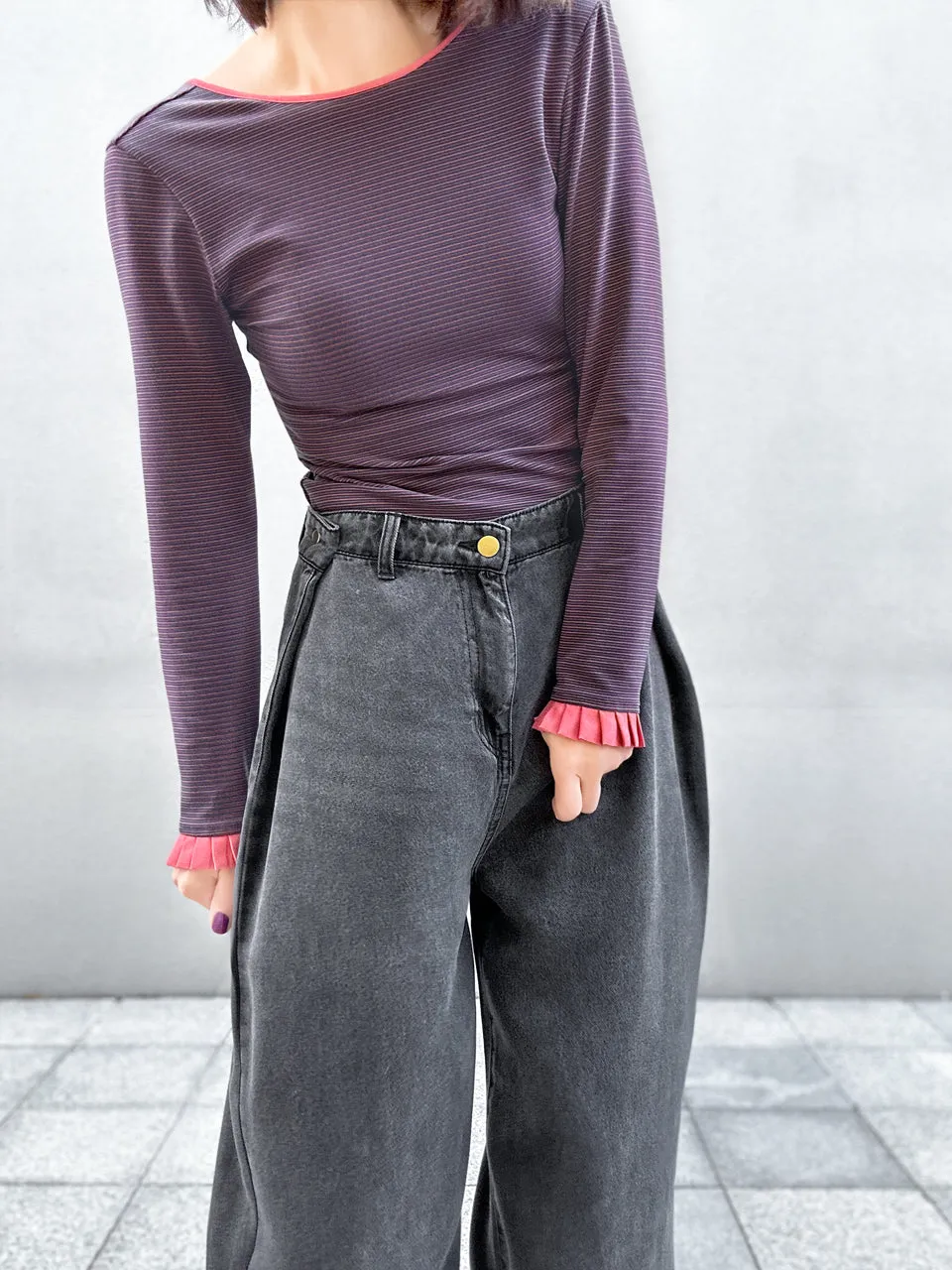 Navy/ Orange Stripe Contrast Ruffle Cuff U-back Knit Top
