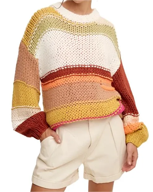 Open Mixed Knit Slouchy Hand Crochet Sweater