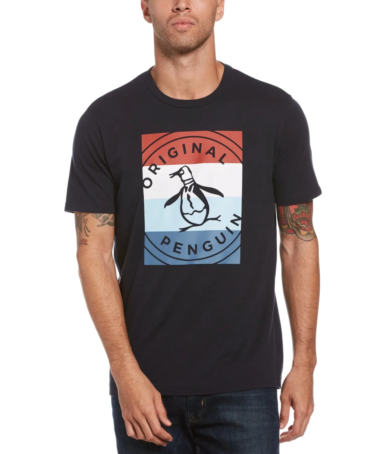 Original Penguin Men's Colorblocked Stamp Logo Graphic T-Shirt Blue Size X-Large