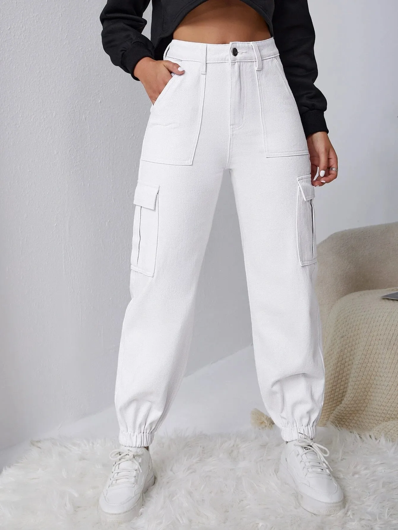 Plain Flap Pocket Side Cargo Jeans