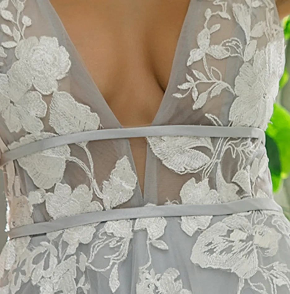Plunging V-Neck Wedding Dress With Floral Motifs