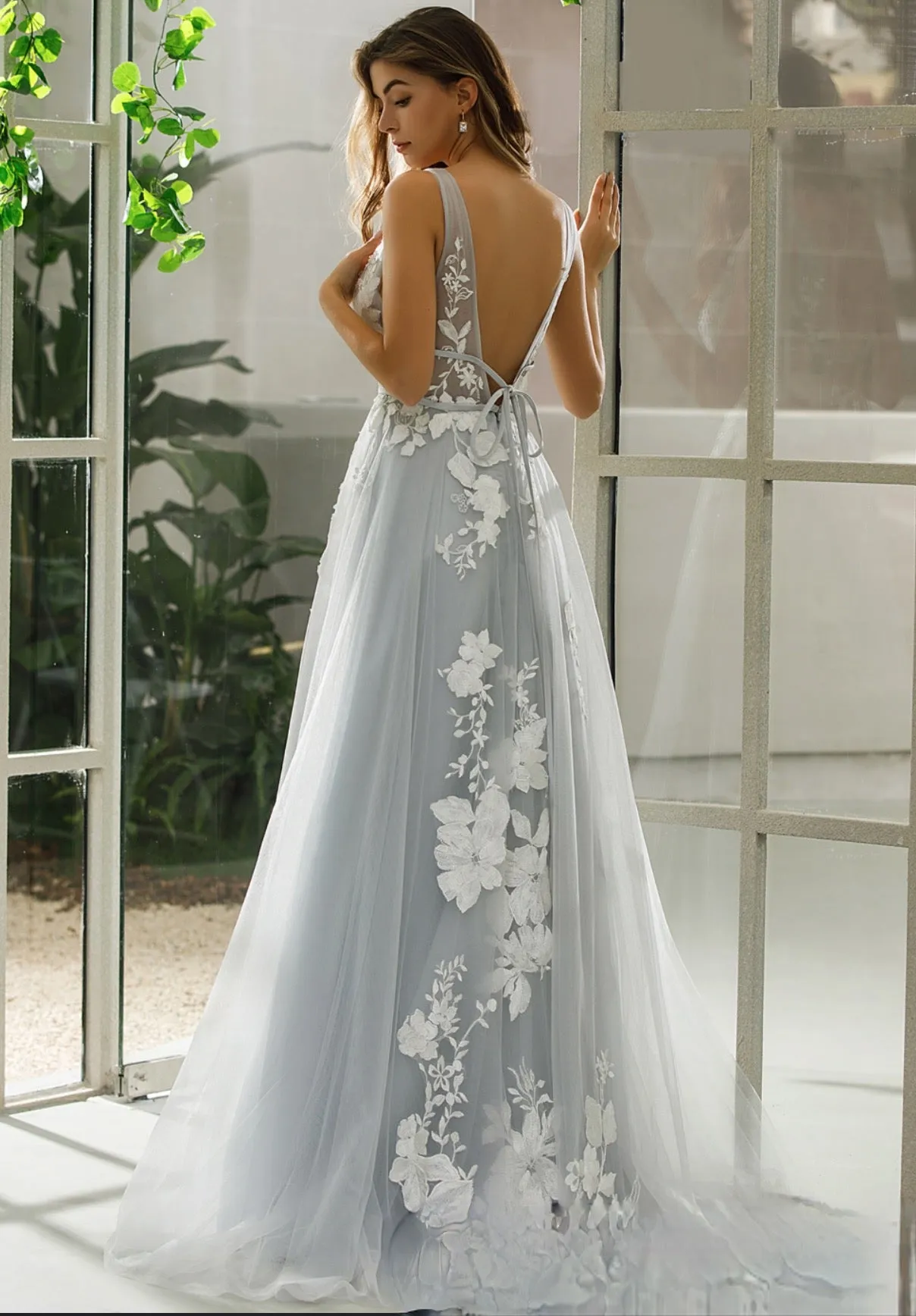 Plunging V-Neck Wedding Dress With Floral Motifs