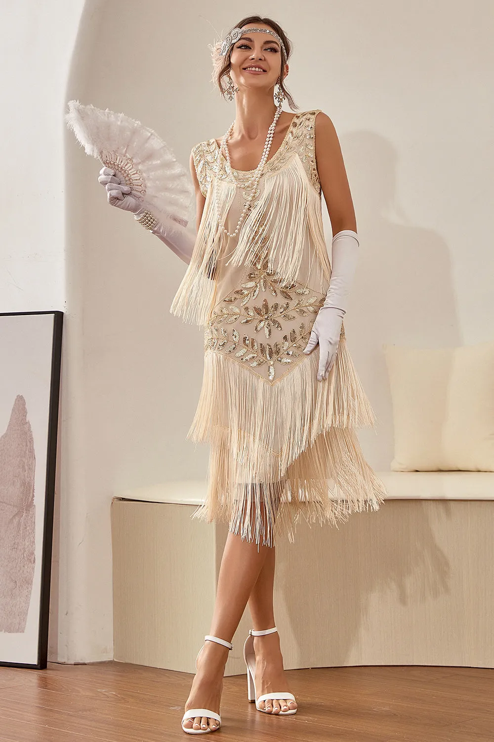 Plus Size Champagne Gatsby Flapper Dress with Sequins and Fringes