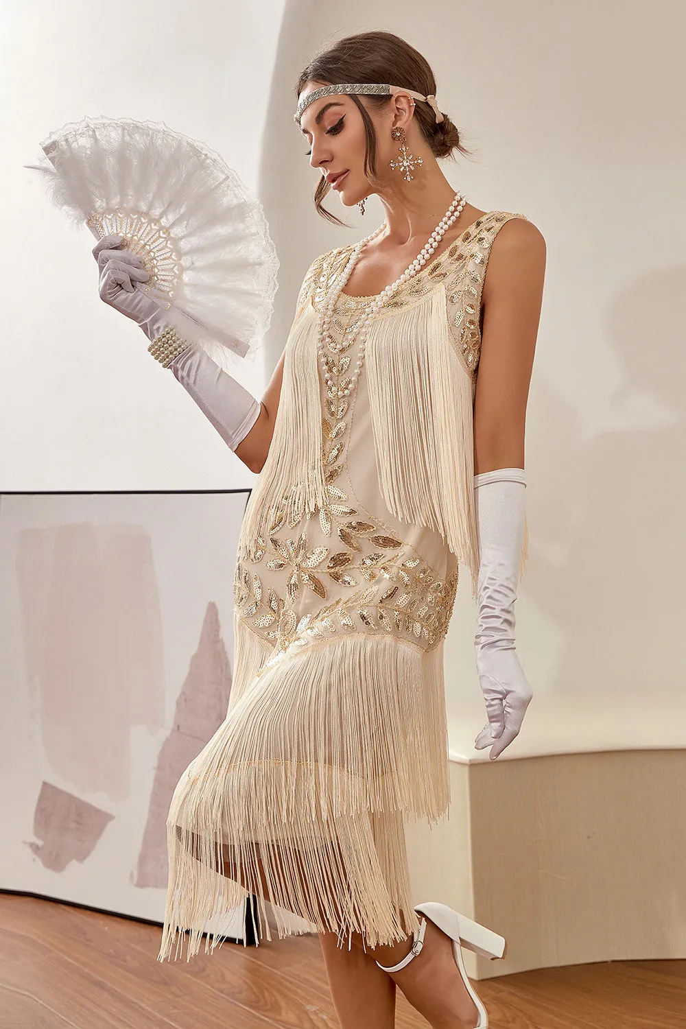 Plus Size Champagne Gatsby Flapper Dress with Sequins and Fringes