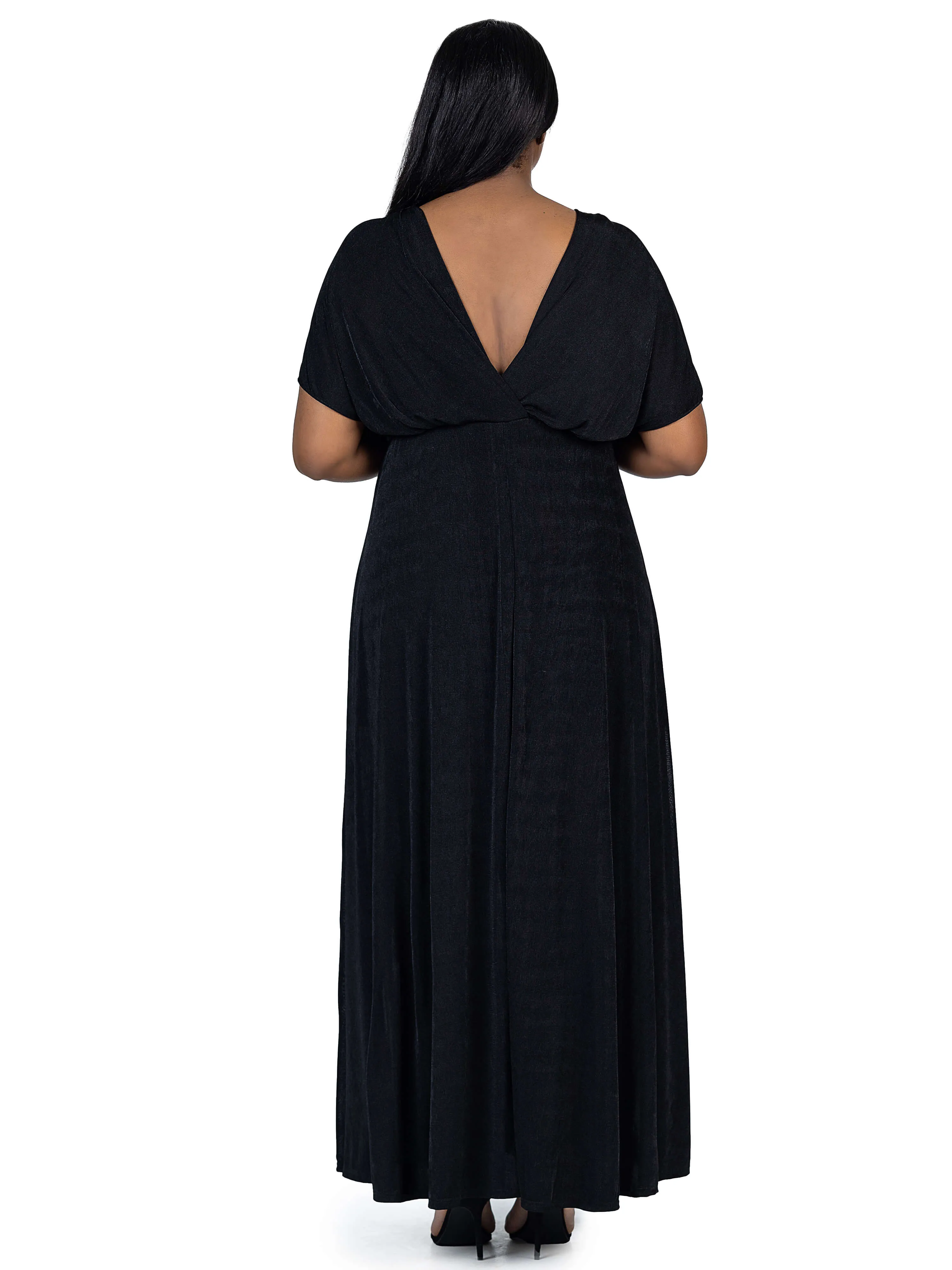 Plus Size Flutter Sleeve Metallic Knit Maxi Dress Front Slit Empire Waist