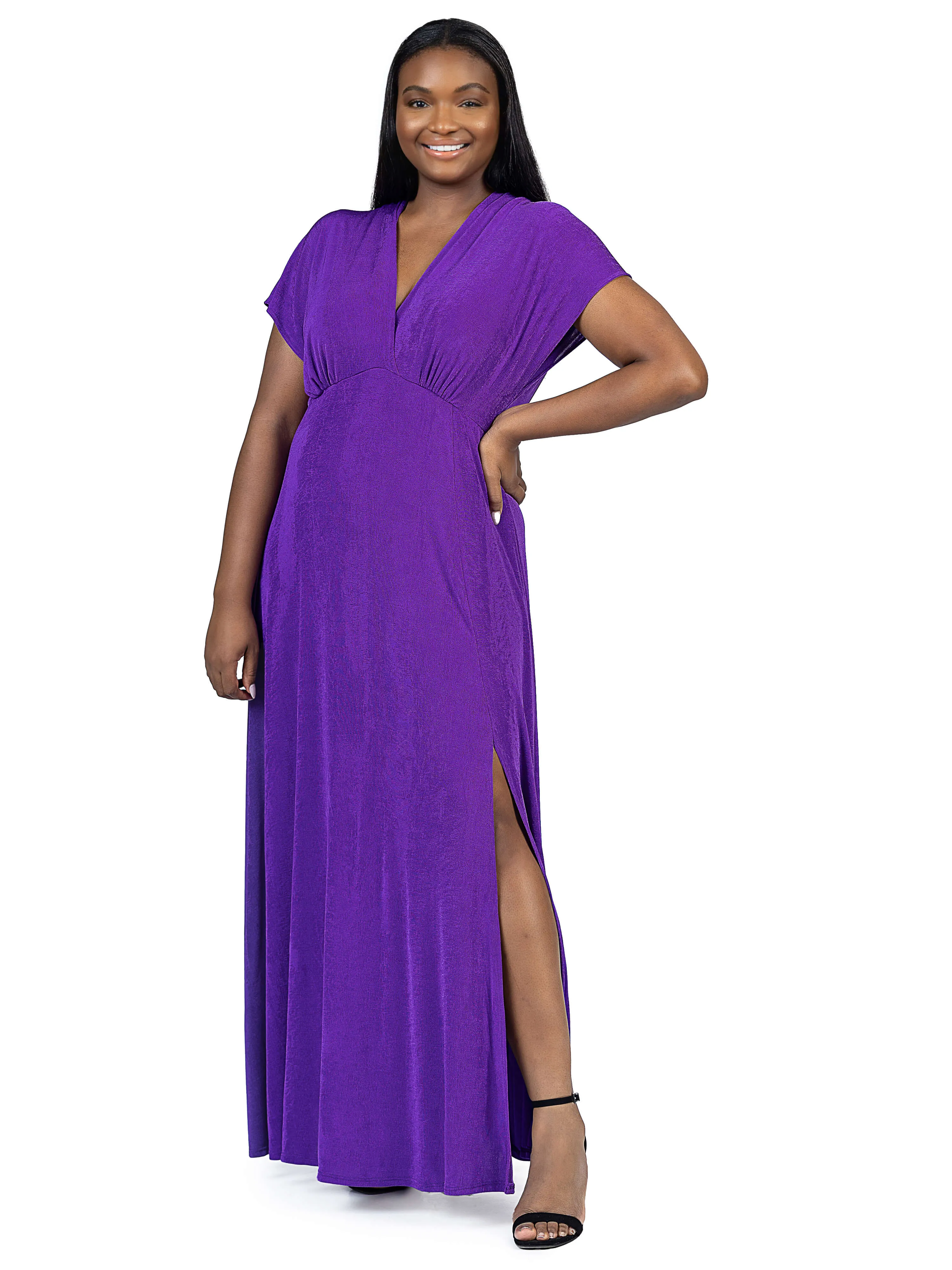 Plus Size Flutter Sleeve Metallic Knit Maxi Dress Front Slit Empire Waist