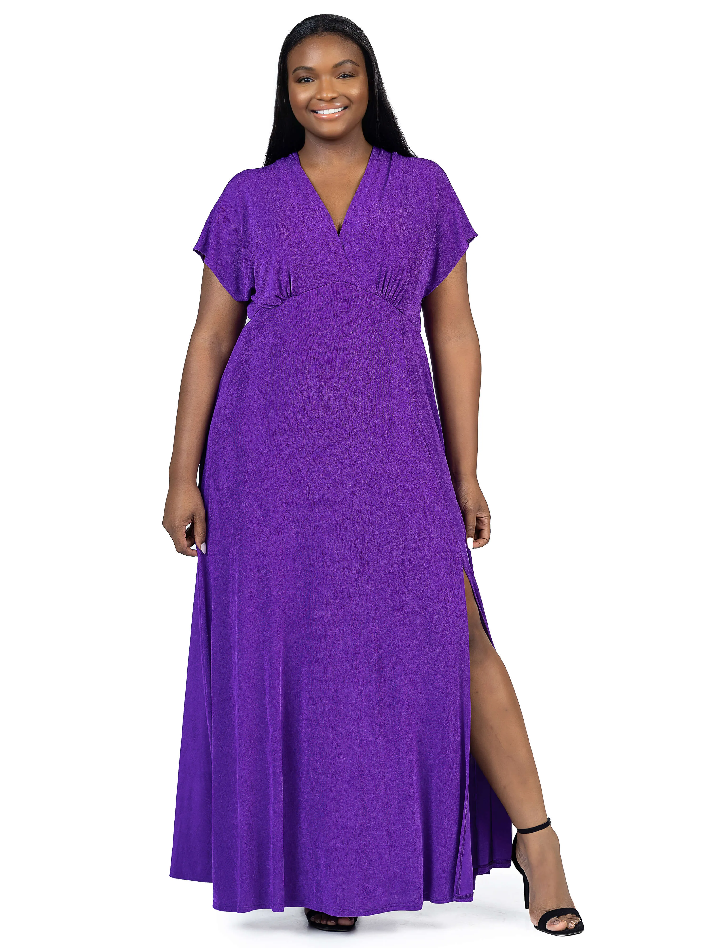 Plus Size Flutter Sleeve Metallic Knit Maxi Dress Front Slit Empire Waist