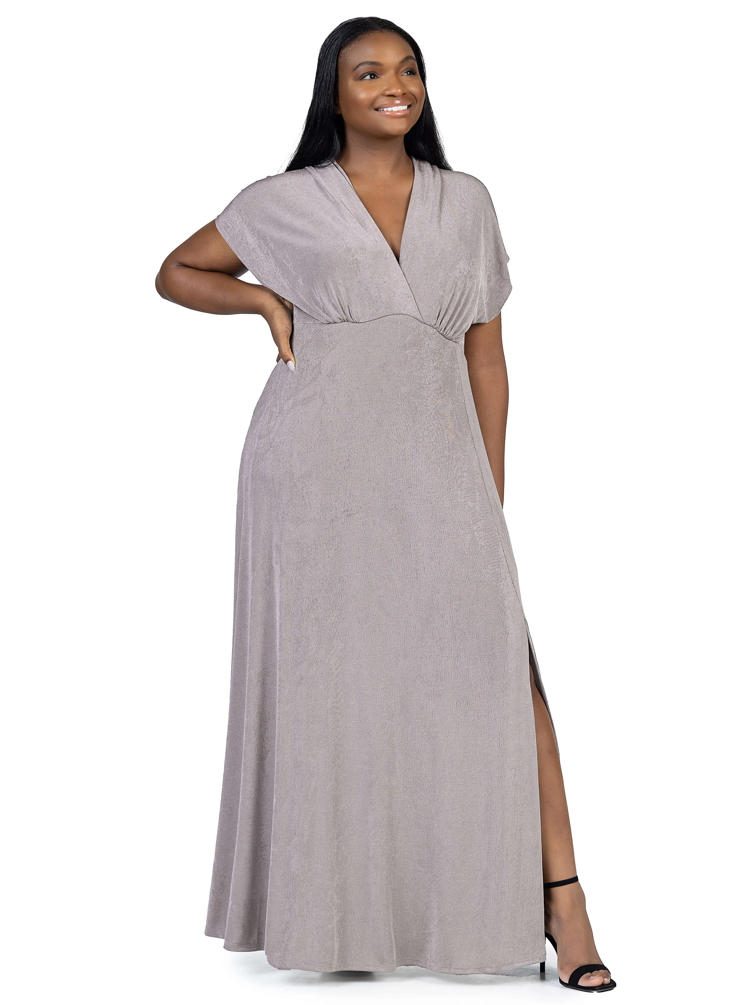 Plus Size Flutter Sleeve Metallic Knit Maxi Dress Front Slit Empire Waist