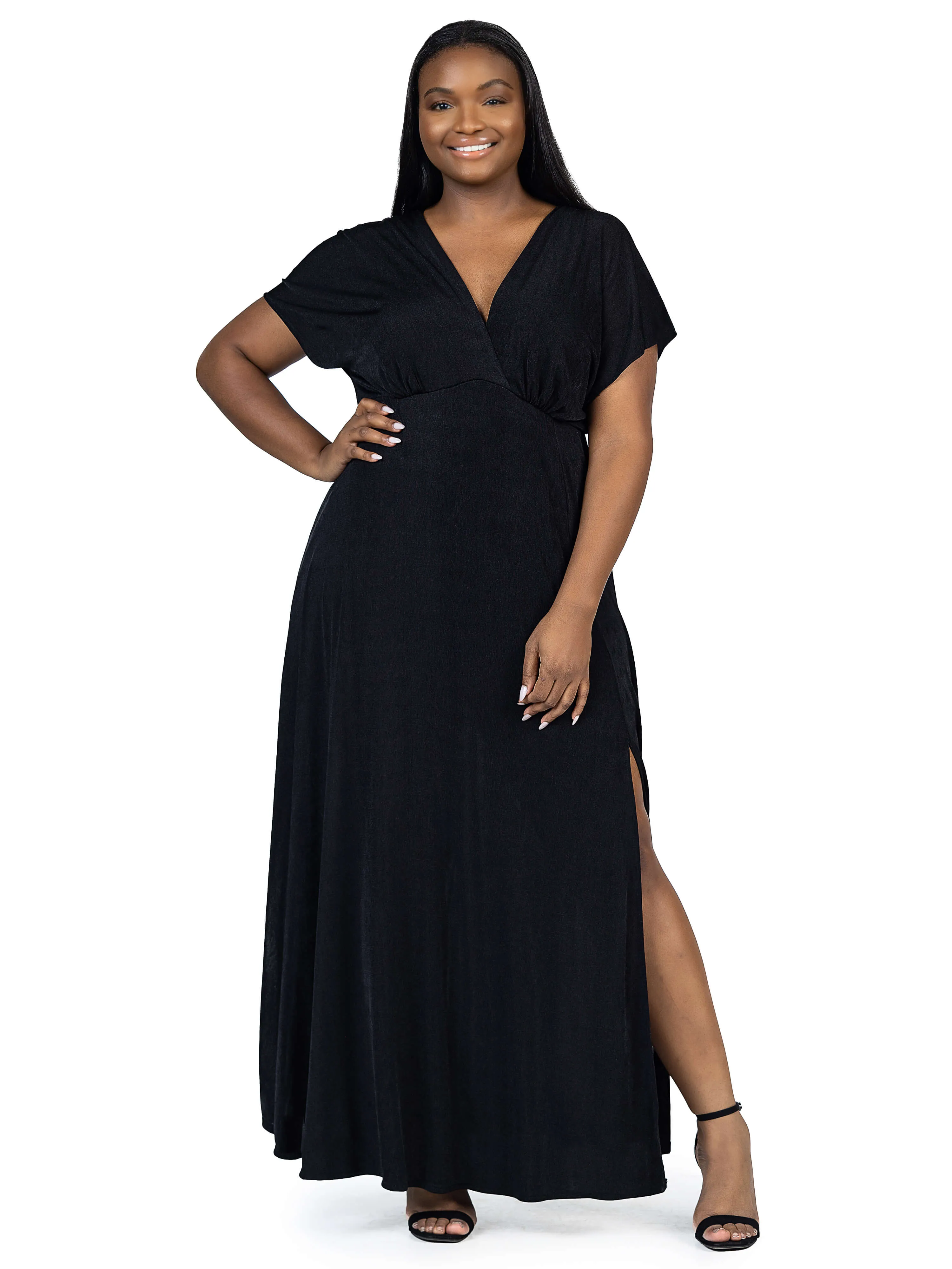 Plus Size Flutter Sleeve Metallic Knit Maxi Dress Front Slit Empire Waist