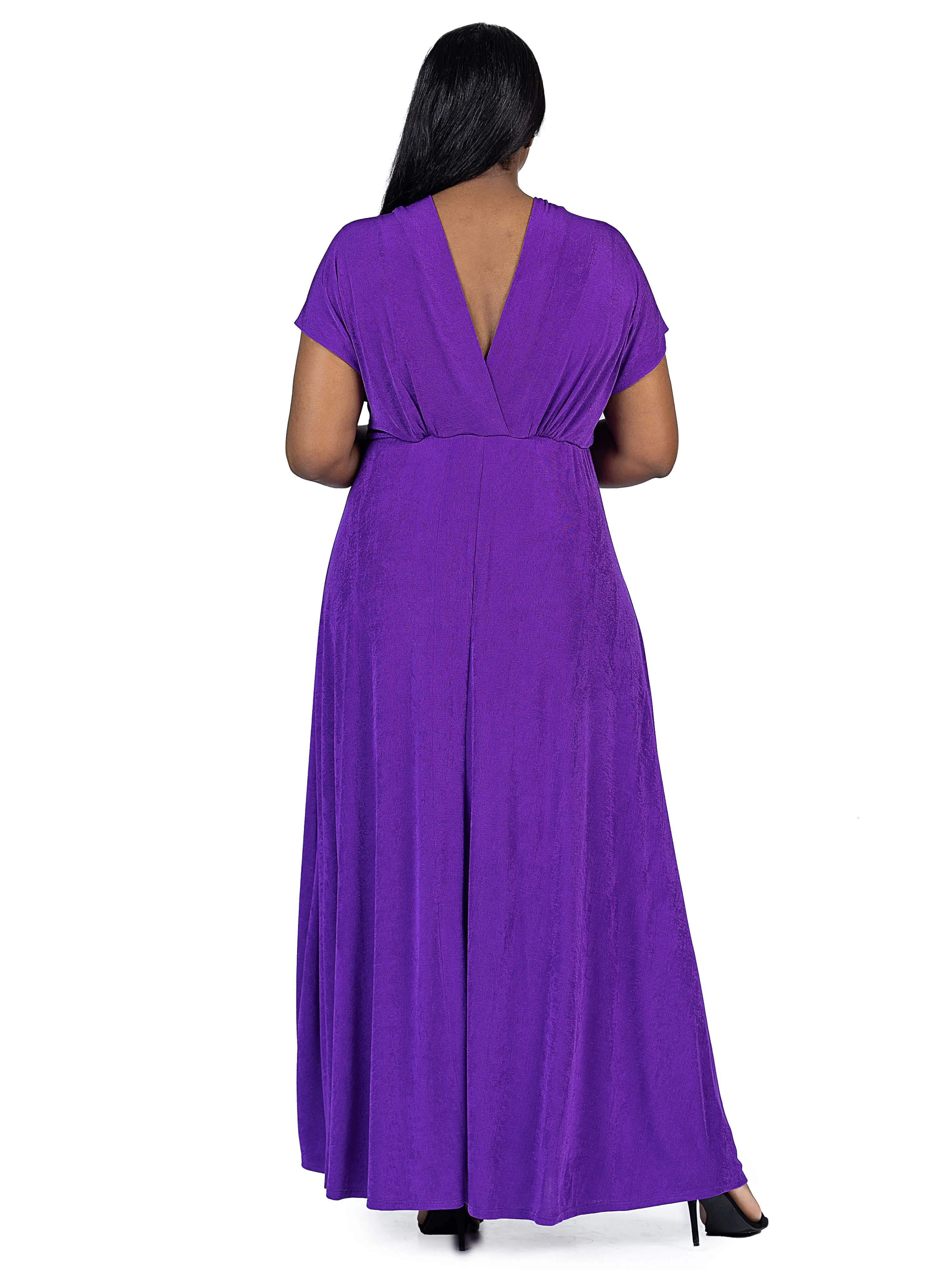 Plus Size Flutter Sleeve Metallic Knit Maxi Dress Front Slit Empire Waist