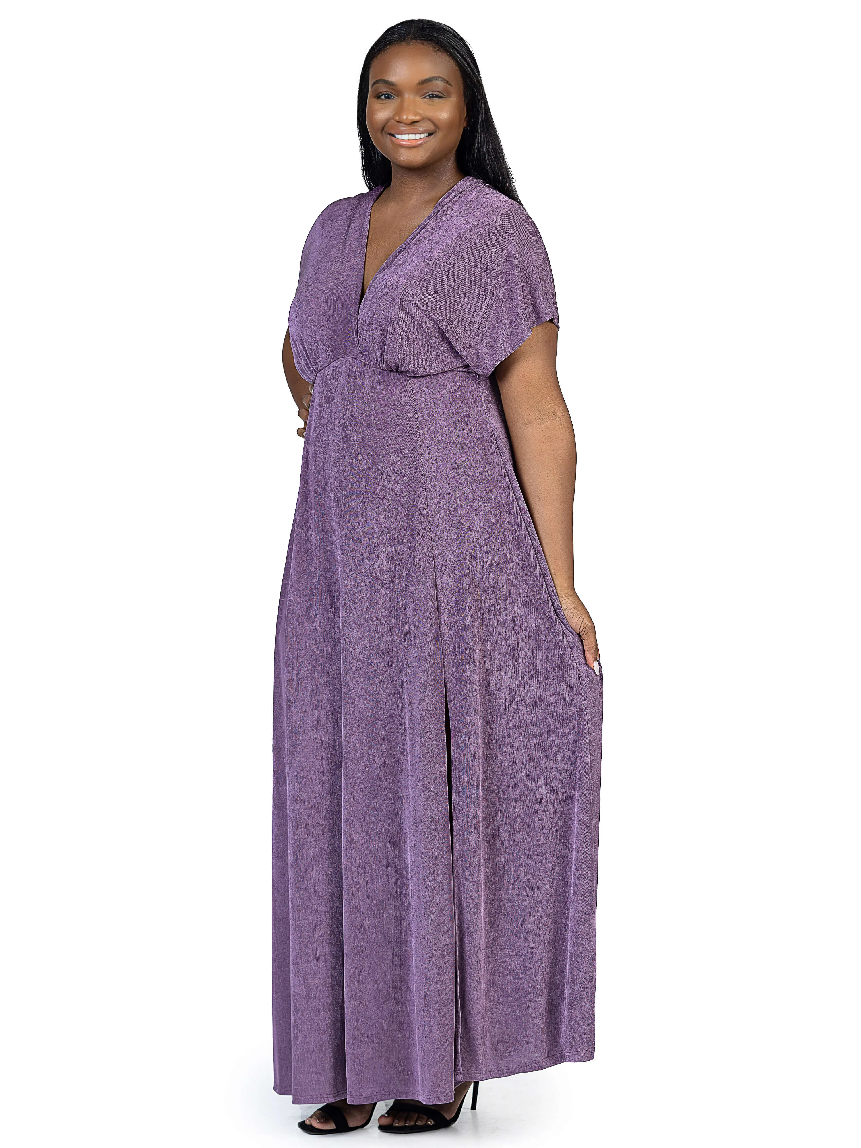 Plus Size Flutter Sleeve Metallic Knit Maxi Dress Front Slit Empire Waist