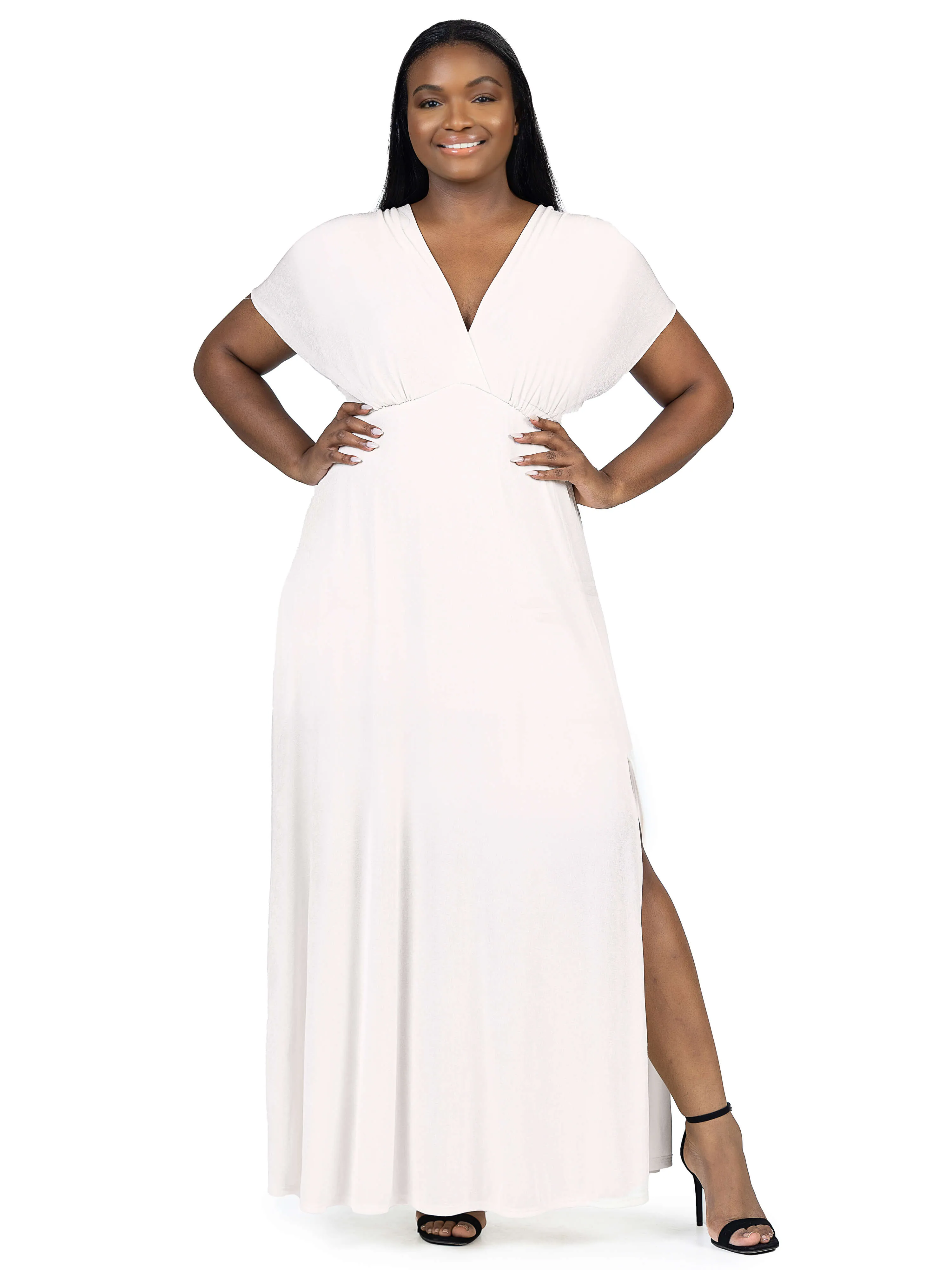 Plus Size Flutter Sleeve Metallic Knit Maxi Dress Front Slit Empire Waist