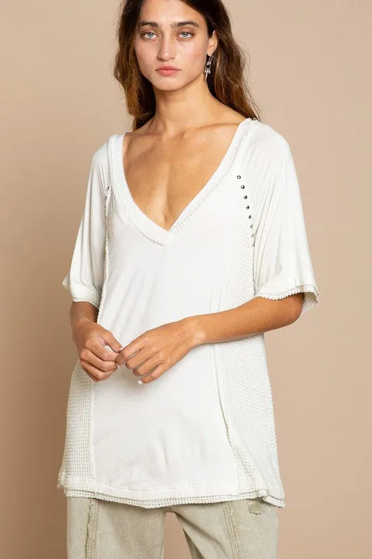 POL Studded Strappy Back Waffle Mixed Knit Top