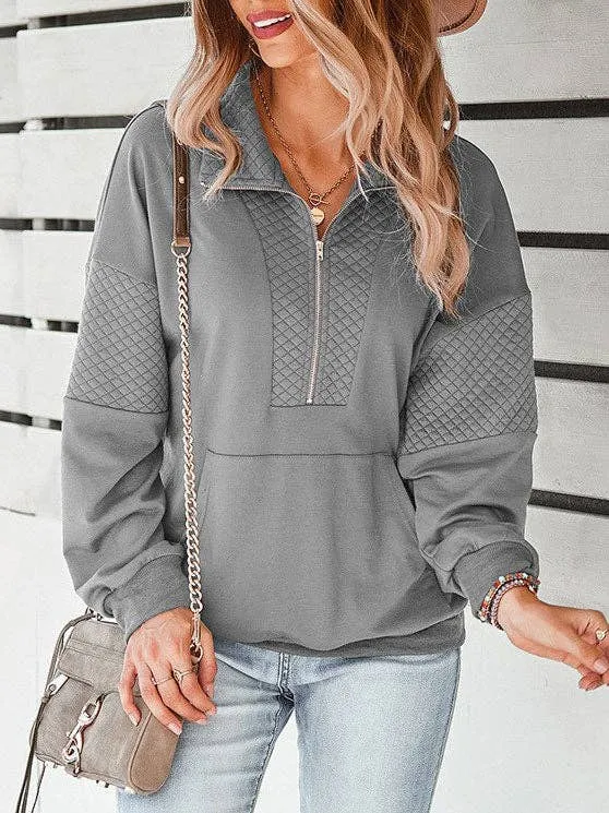 Quilted Quarter Zip Pullover: Grey