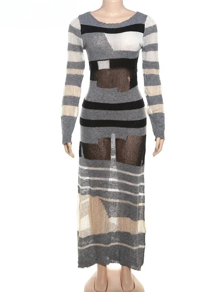 "T-BOO Women's Knit See Through Stripe Patchwork Long Sleeve O-Neck Maxi Bodycon Stretch Skinny Sexy Dress"