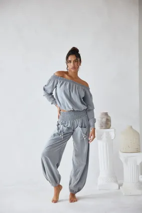 "The Bradley Beach" Gray Off The Shoulder Top & Cargo Pant Set