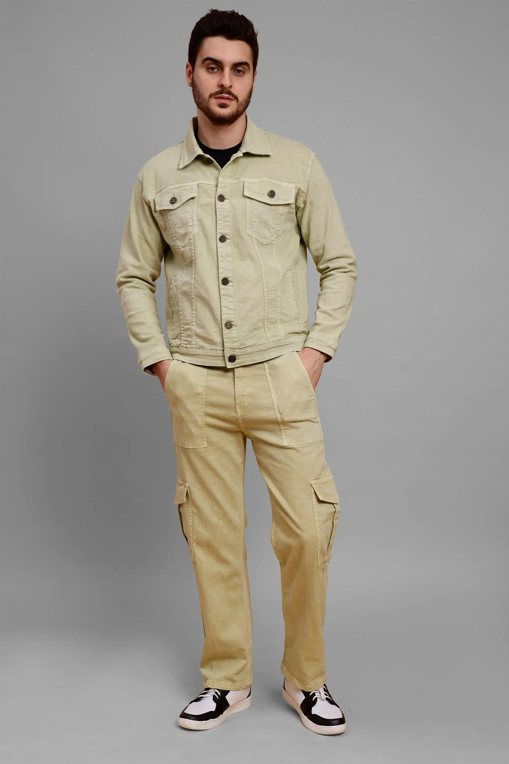 Regular Fit Pista Lime Denim Cargo & Jacket Co ord Set for Men