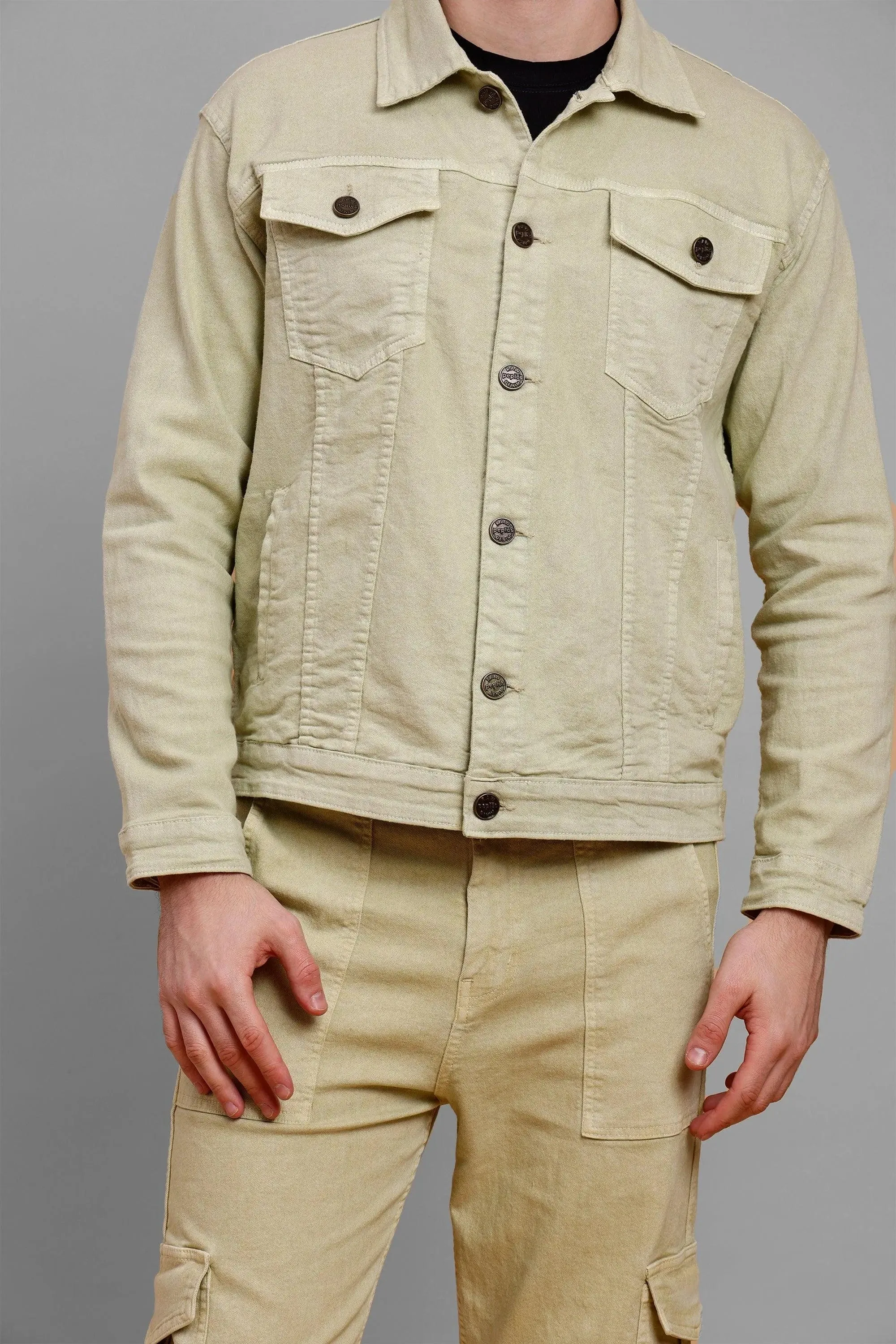 Regular Fit Pista Lime Denim Cargo & Jacket Co ord Set for Men