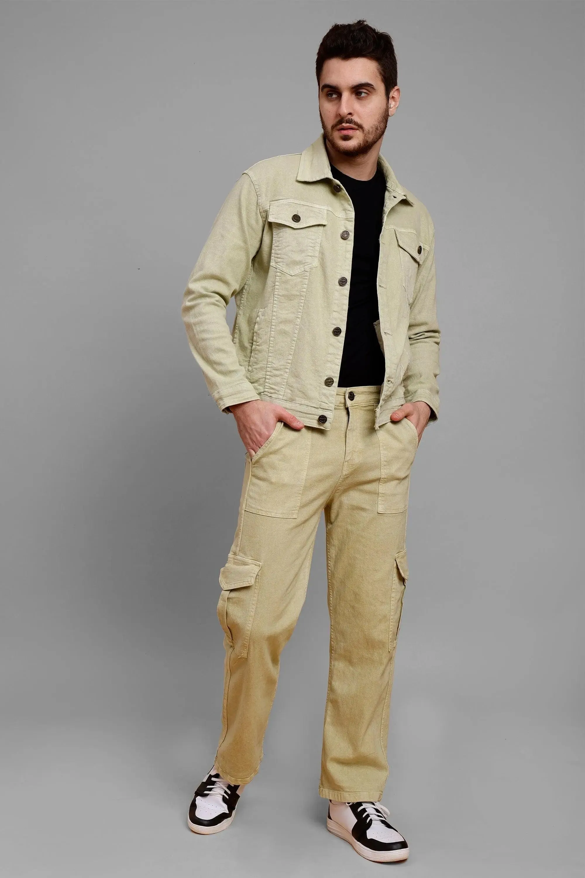 Regular Fit Pista Lime Denim Cargo & Jacket Co ord Set for Men