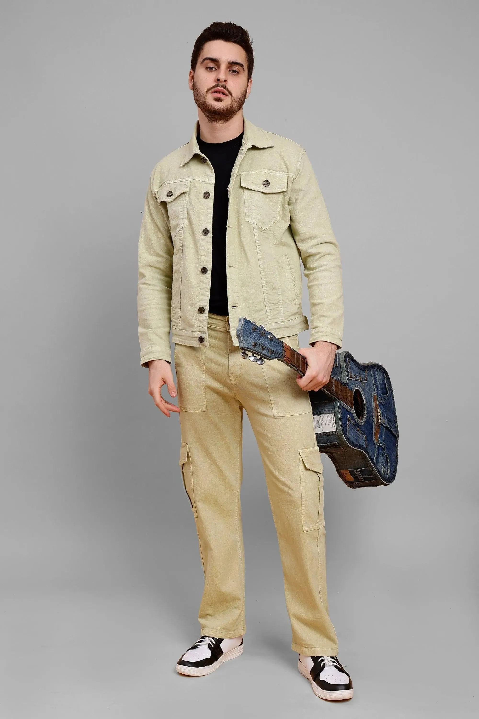 Regular Fit Pista Lime Denim Cargo & Jacket Co ord Set for Men