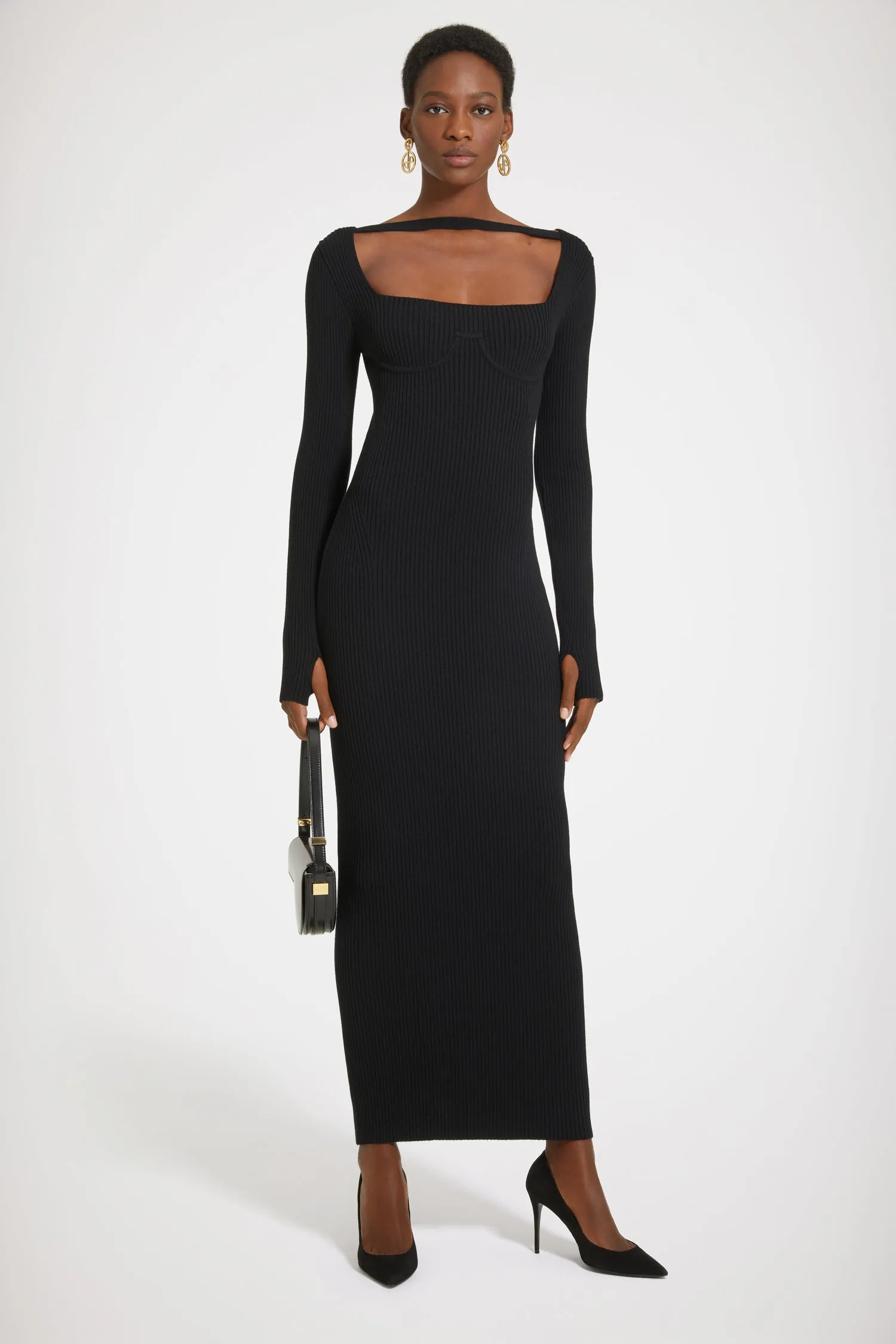 Ribbed corset maxi dress in sustainable wool blend