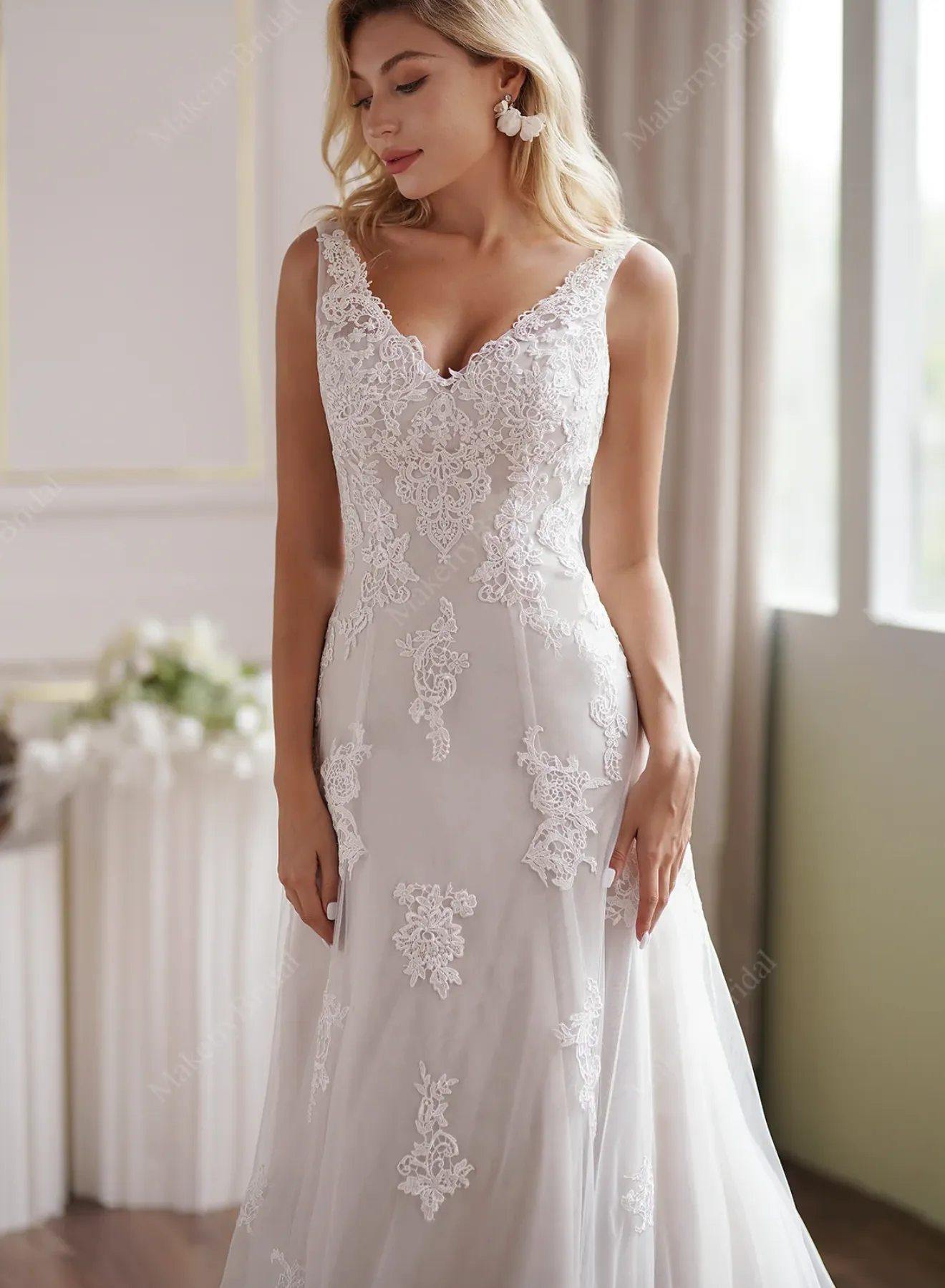 Romantic Strap V-Neck Fit & Flare Wedding Dress