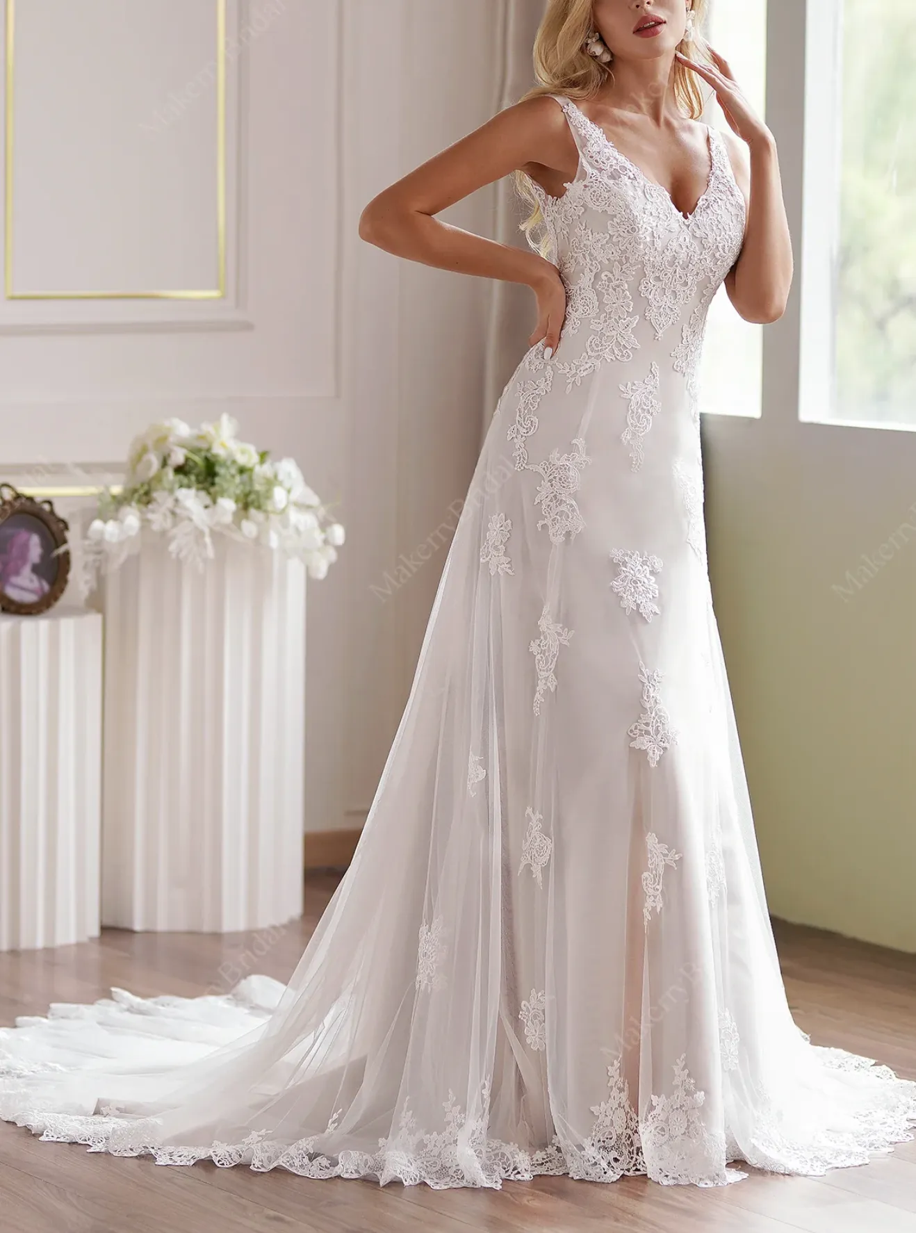 Romantic Strap V-Neck Fit & Flare Wedding Dress