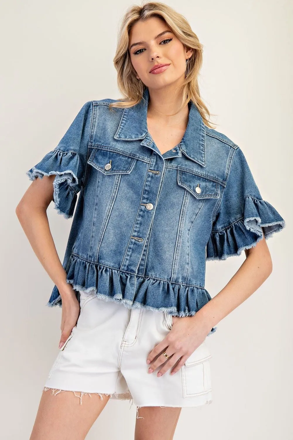 Ruffle Trim Short Sleeve Denim Jacket